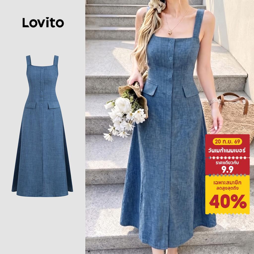 Lovito ชุดเดรสสีเหลืองสําหรับฤดูร้อน ใส่ลําลองแบบติดกระดุมด้านหน้า มีซิป LK6ED236