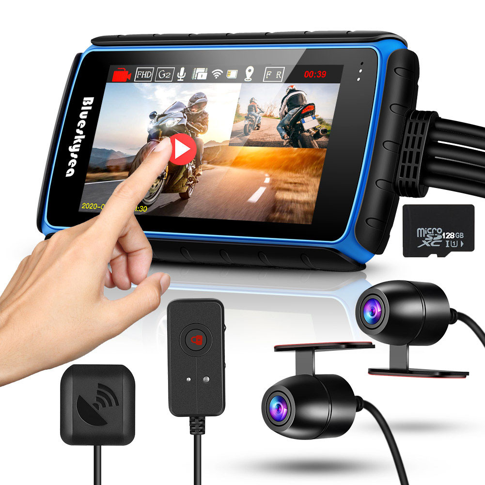 Blueskysea DV988 รถจักรยานยนต์ Dash Cam 1080p 30fps Dual เลนส์มุมกว้าง 140 องศารถจักรยานยนต์การบันทึ