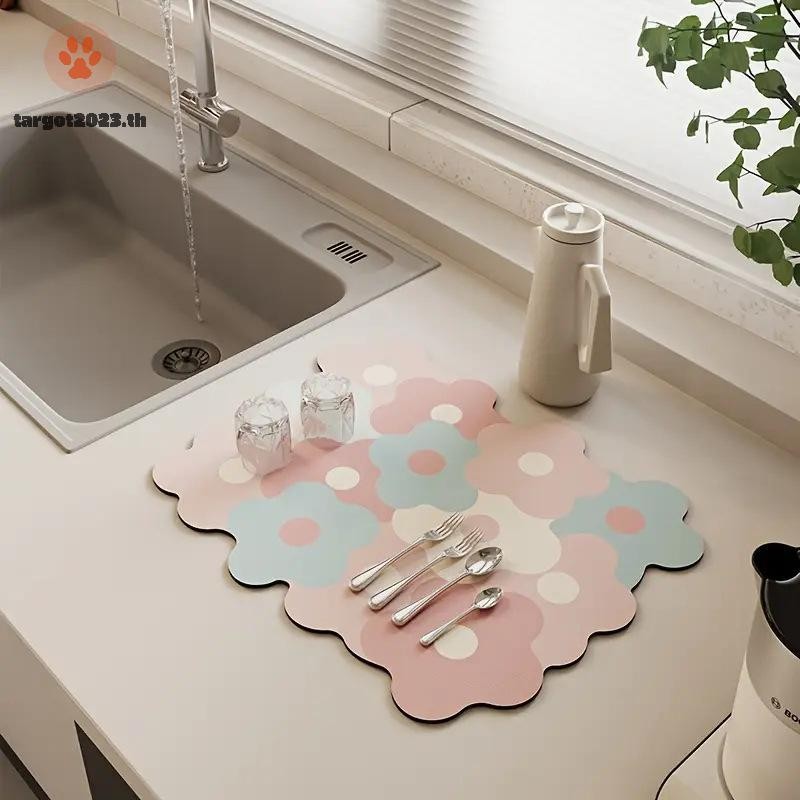 [ARG] แห้งเร็วจานแห้งดอกไม้ยางบนโต๊ะอาหาร Draining Pads พรมห้องครัวอาหารเย็น Placemat Super ดูดซับกาแฟท่อระบายน้ํา Pad [TH]