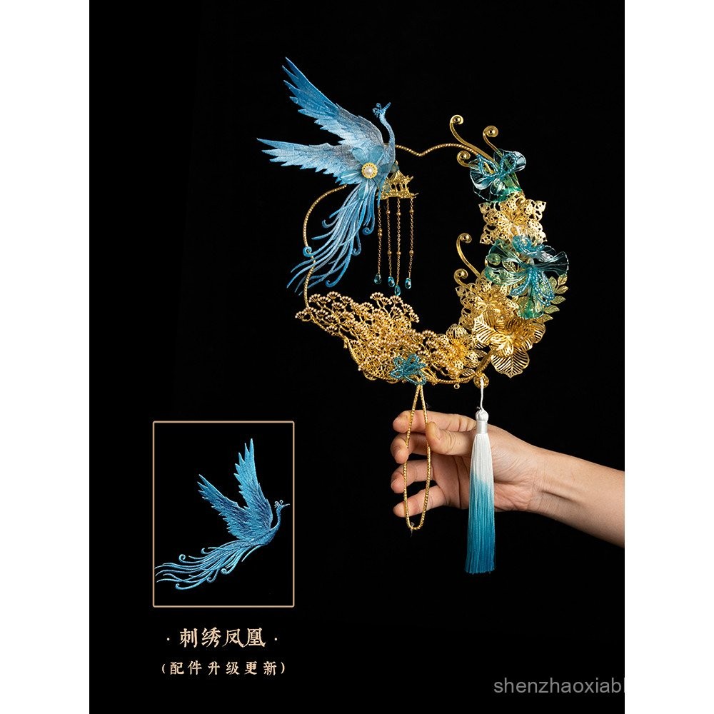 Sun Moon Original Design Bihai Chaofeng Group พัดลมจีนงานแต่งงานโบราณ Xiuhe พร้อมพัดลมพู่สีทอง DIY พ
