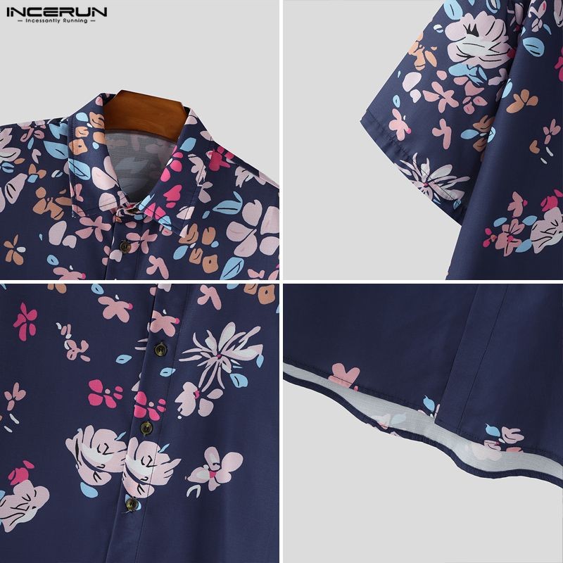 INCERUN ผู้ชายเกาหลีฮาวายสไตล์วันหยุดปกแขนสั้นพิมพ์ลายดอกไม้เสื้อเชิ้ตทรงหลวม ราคา ถูกที่สุด ดีลบีเคเค แกลเลอรีภาพที่ 9