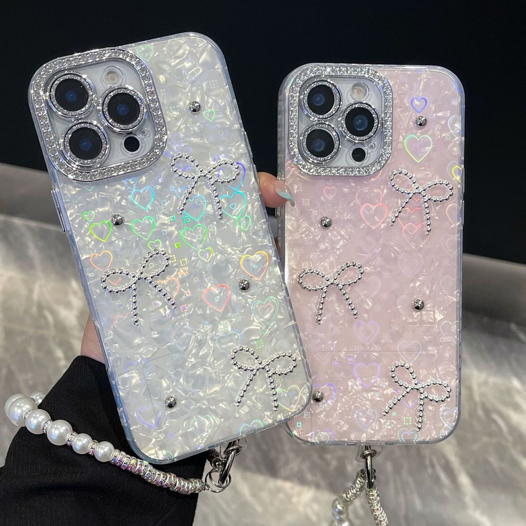 IMD รูปแบบเลเซอร์เคสโทรศัพท์สําหรับ iPhone 17 15 16 14 13 11 12 Pro Max แฟชั่นโบว์โบว์เพชร Lanyard ฝาครอบป้องกัน