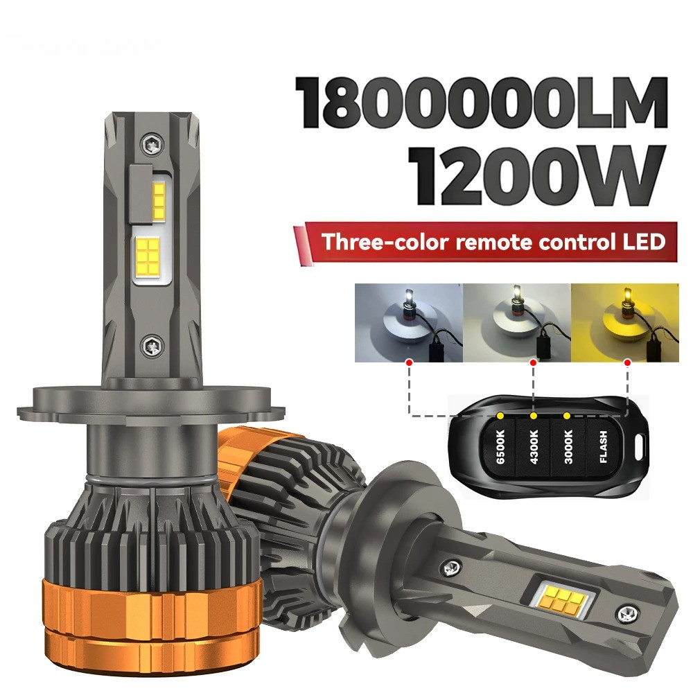 1200W H4 LED ไฟหน้า H1 H7 H11 9005 9006 9012 6500K 4300K 3000K สามสีรีโมทคอนโทรลสําหรับไฟหน้ารถไฟ