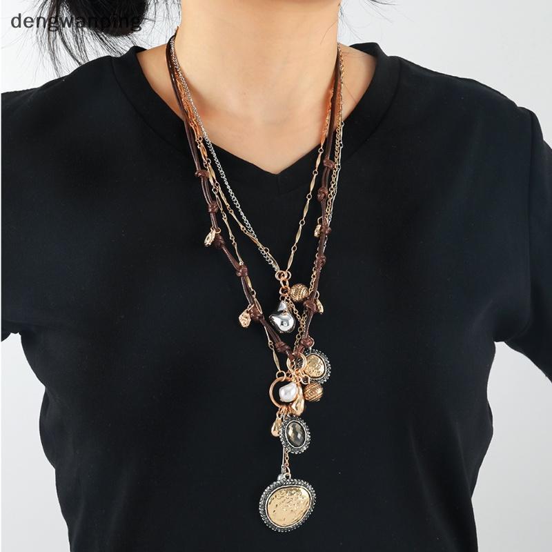 [DWP] สไตล์โบฮีเมียนหลายชั้นเชือกโซ่โลหะรอบเหรียญตราจี้สร้อยคอสําหรับผู้หญิงวันหยุดพรรคเครื่องประดับ