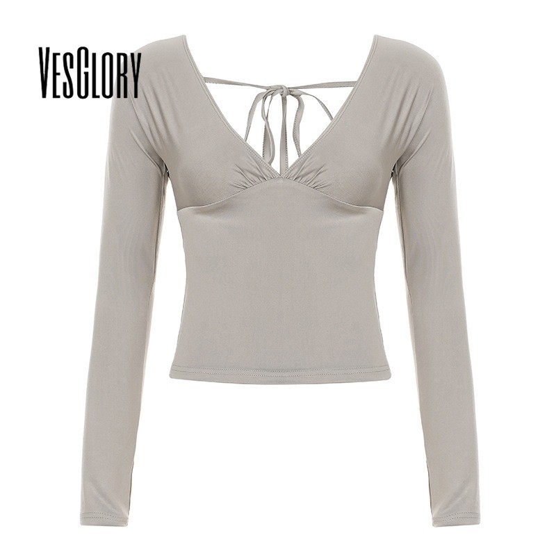 VesGlory ผู้หญิง 2025 เสื้อแฟชั่น V คอยาวแขนยาวสีเทา Backless เซ็กซี่ Street สวมใส่สไตล์