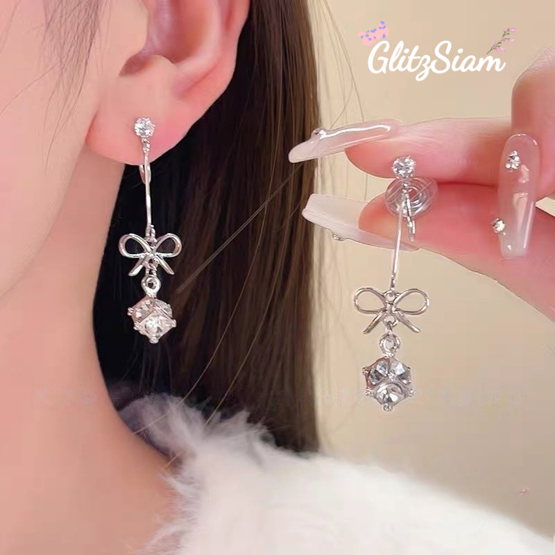 Glitzsiam🎀🎀จี้คริสตัลโบว์ ต่างหูผู้หญิง ประกายแวววาว ราคาประหยัด จัดส่งจากประเทศไทย.