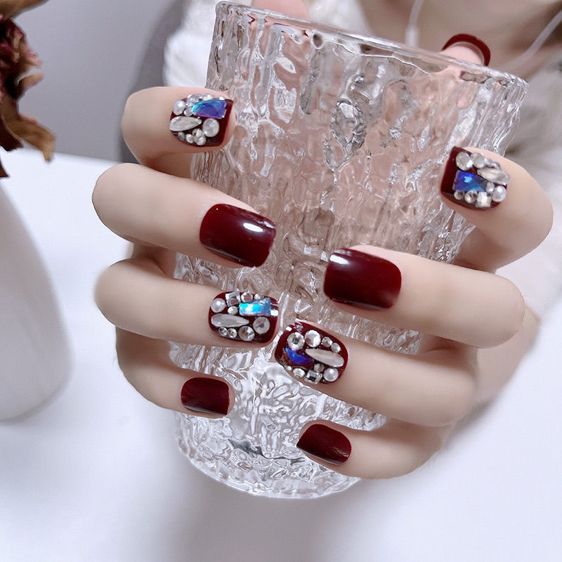 Red Wine Red Full Diamond Nail Armor Style Short Armor