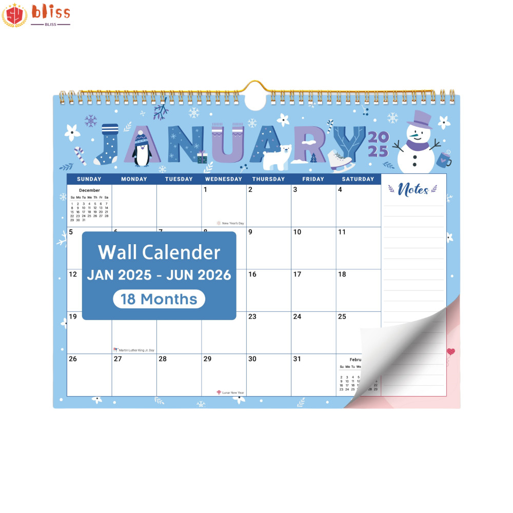 BLLISS ปฏิทินแขวน 2025 มกราคมถึงมิถุนายน 2026 18 ปฏิทินติดผนังรายเดือนกระดาษหนาขนาดใหญ่น่ารัก Wall P