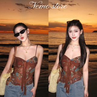 Nemo store🌸#FY1189 เสื้อสายเดี่ยว ลายดอกไม้ สไตล์โบฮี่เมี่ยน…