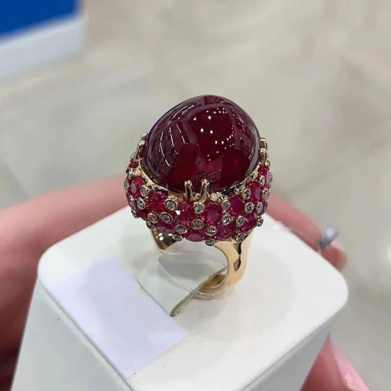 585 Purple Gold Plated 14K Rose Gold Inlaid Oval Ruby engagement rings for Women Adjustable Luxury E
