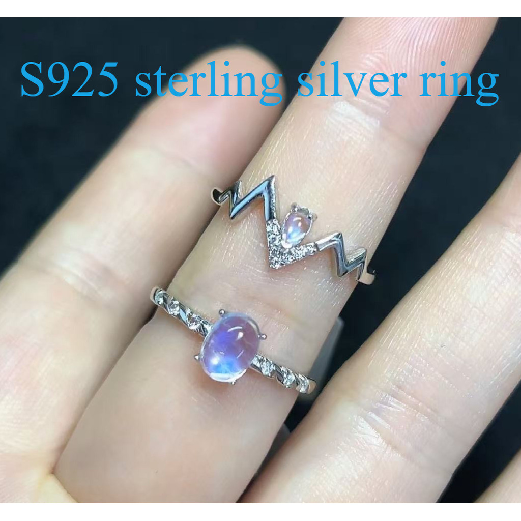 ส925 แหวนเงินแท้ แหวนมูนสโตนสีฟ้าธรรมชาติปรับขนาดได้แฟชั่นเครื่องประดับหรูหราสําหรับผู้หญิง