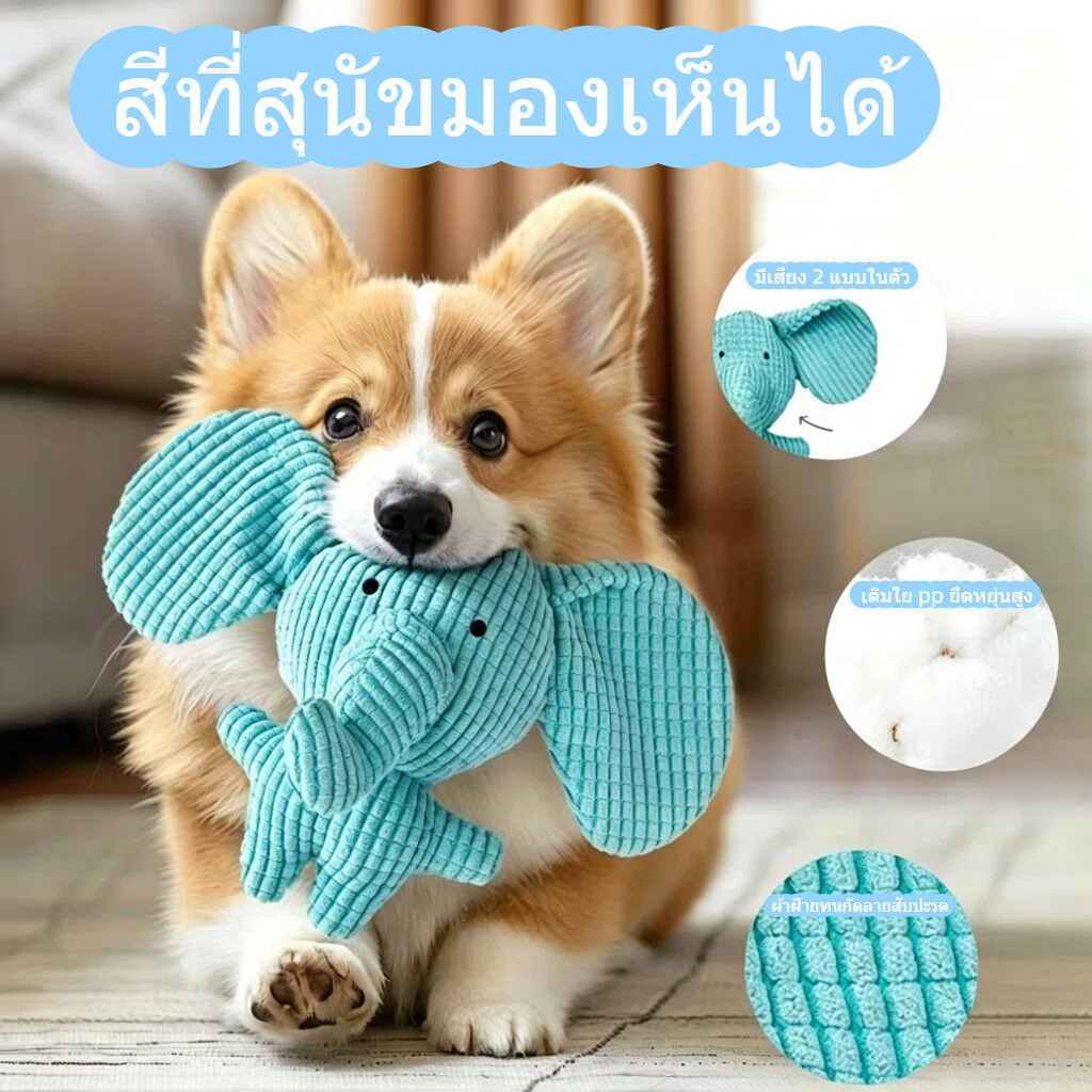 ลูกช้างฟ้า ของเล่นหมา ผ้านุ่ม มีเสียง squeaker แก้เบื่อ ของเล่นลูกสุนัข หมาเล็ก-กลาง เชือกขาแทะได้ dog toy