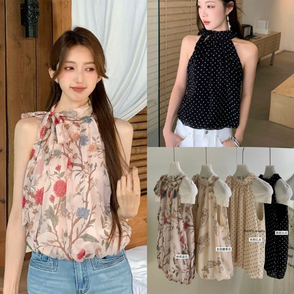 W9901 เสื้อคล้องคอผู้หญิง ฮอลเตอร์ชีฟอง ทรงบอลลูน ลายดอก/ลายจุด เสื้อเกาหลี แฟชั่นเกาหลี TAG WG.WE