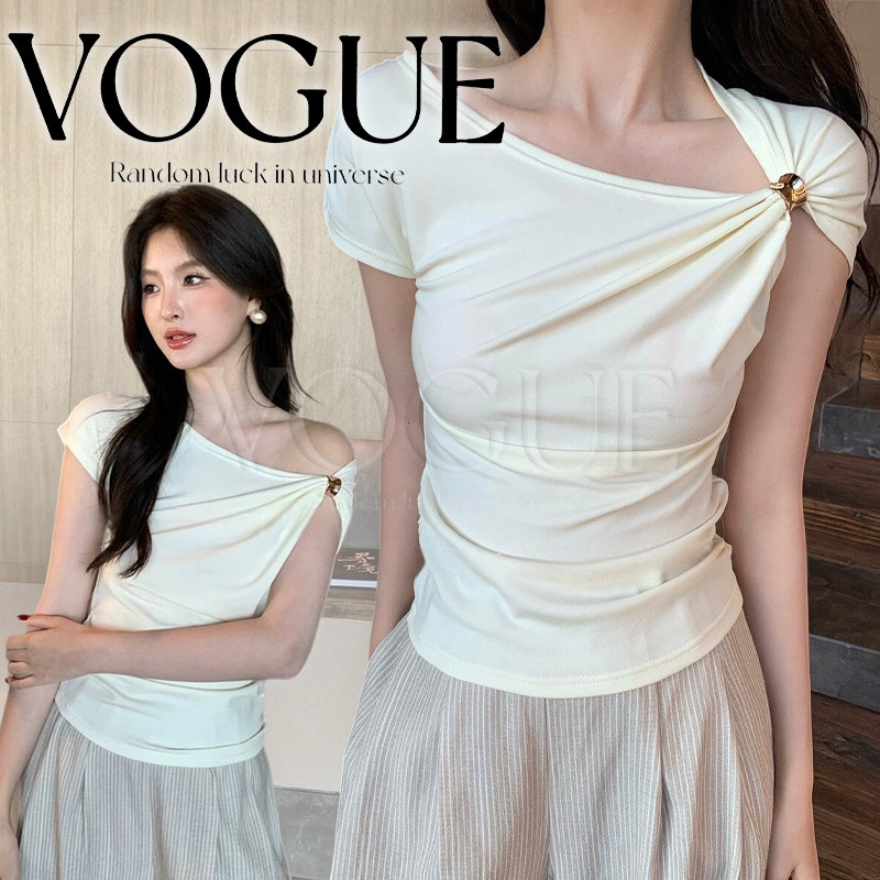 Vogue🌟พร้อมส่ง🌟 เสื้อยืดแขนสั้นติดเข็มกลัดทอง ดีไซน์เก๋ๆ เนื้อผ้าบางใส่ไม่ร้อน สไตล์เกาหลี (FY5218)