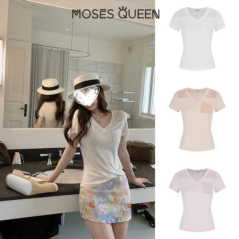 MOSESQUEEN تيشيرت نسائي بياقة V باتشوورك — صورة 3
