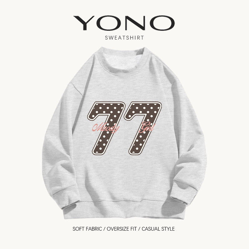 (พร้อมส่ง24ชม.) เสื้อสเวตเตอร์คอกลม sweatshirt oversize สีเทา ลายเลข 77 พร้อมตัวอักษร ฟีลวินเทจอเมริกัน ทรงหลวม ใส่สบาย