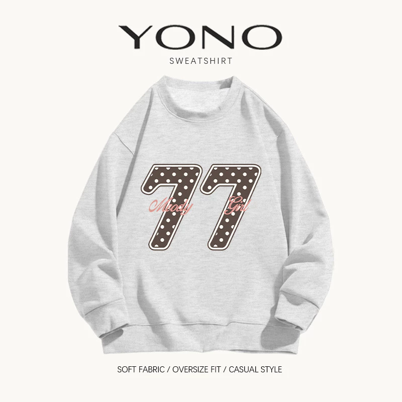 (พร้อมส่ง24ชม.) เสื้อสเวตเตอร์คอกลม sweatshirt oversize สีเทา ลายเลข 77 พร้อมตัวอักษร ฟีลวินเทจอเมริกัน ทรงหลวม ใส่สบาย