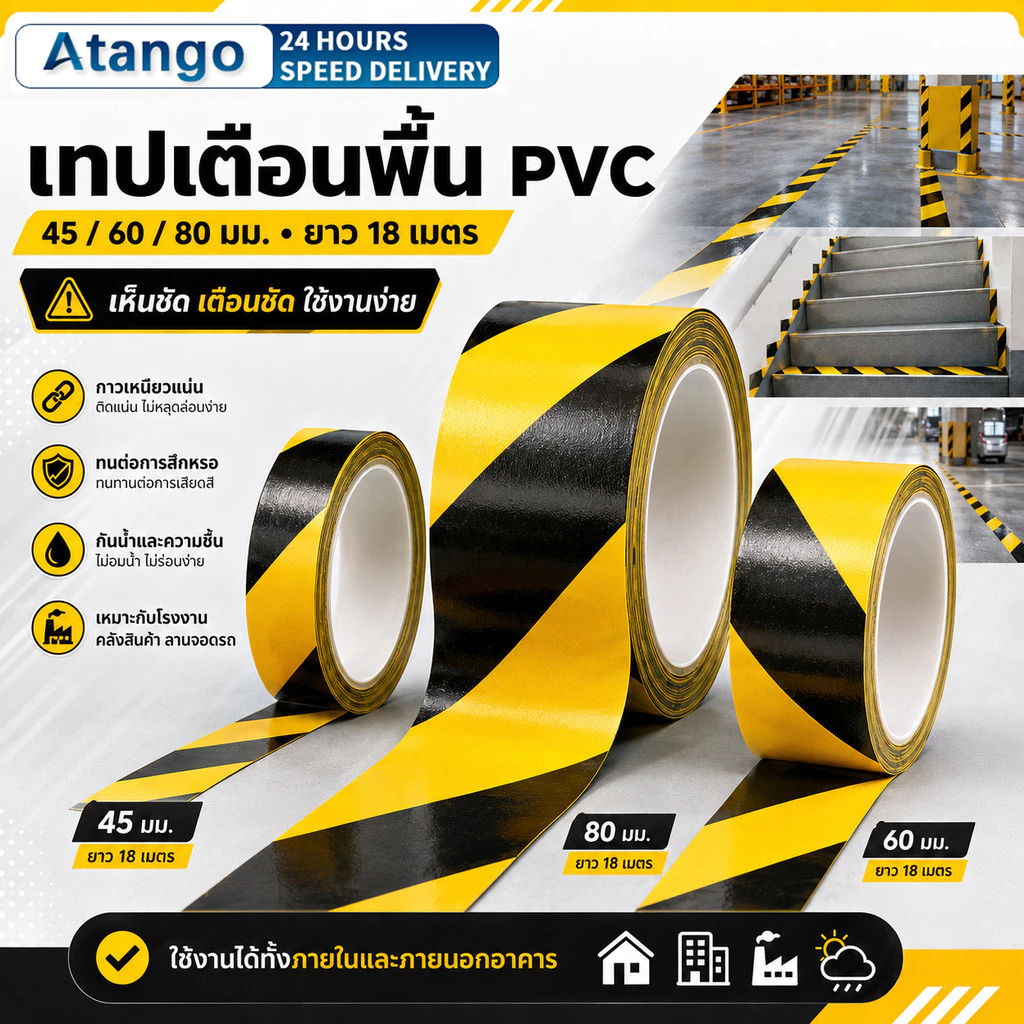 เทปเตือน เหลืองดำ เทปตีเส้นพื้น PVC เทปกั้นเขต มีกาวในตัว กันน้ำ ติดแน่น สำหรับพื้นโรงงาน ทางเดิน ก่อสร้าง