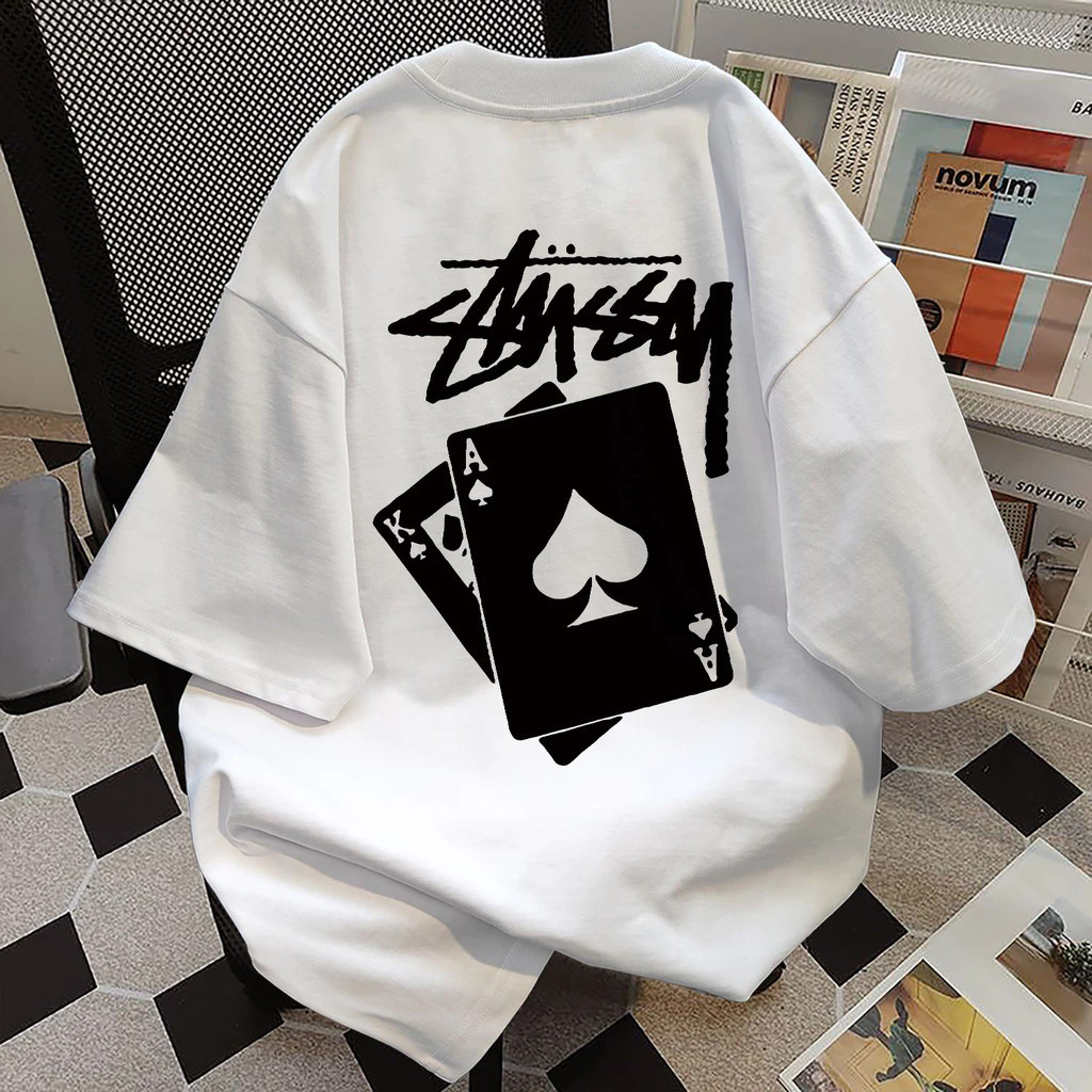 เสื้อยืดผ้าฝ้ายหนา oversize ทรงหลวม สำหรับผู้ชาย แบรนด์สตรีทอเมริกัน พิมพ์ลายไพ่โพดำเอ บนหลังเสื้อ