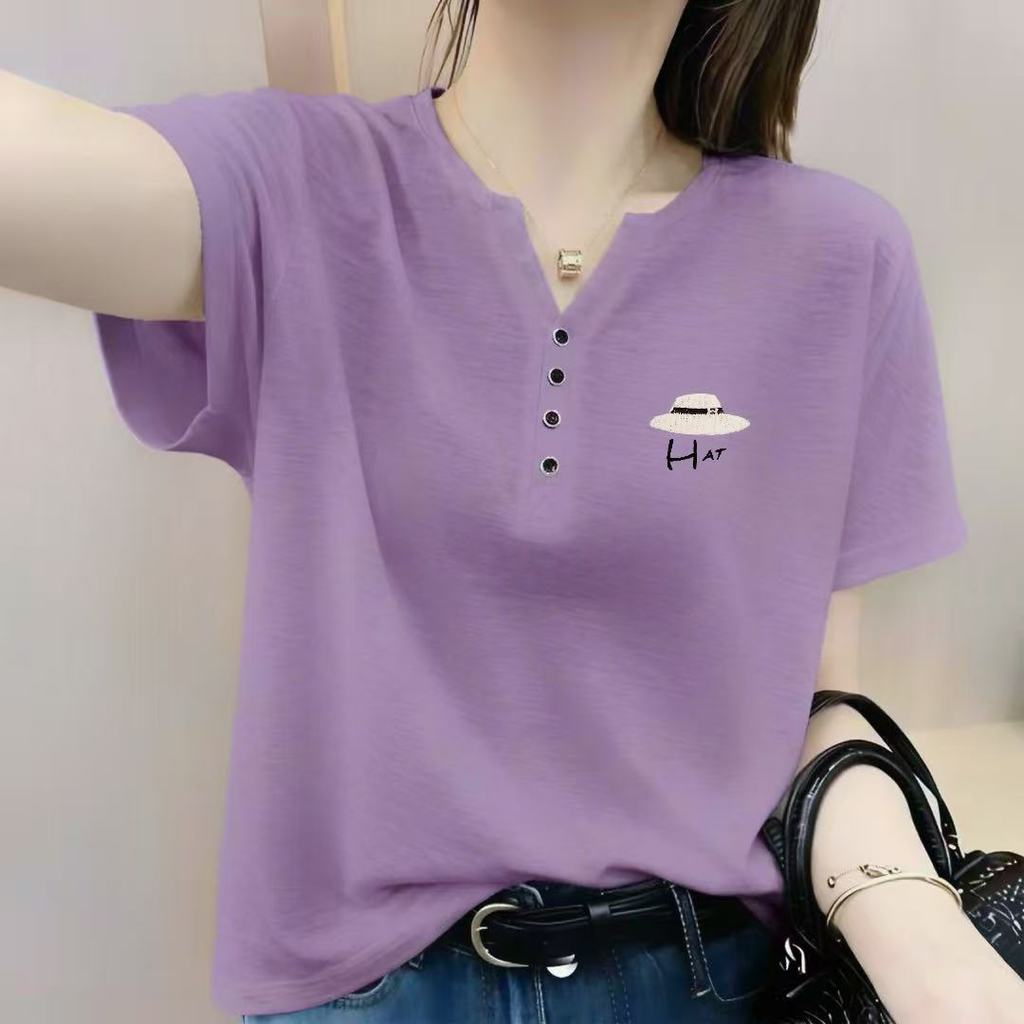 อารมณ์ฤดูร้อนสบายหลวมคอวีแขนสั้นเสื้อยืดผู้หญิงด้านบน