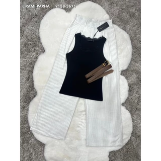 พร้อมส่ง S-XL⚡️RM 9158 ชุดเซ็ตผู้หญิง เสื้อยืดสีดำแต่งลูกไม้+กางเกงขายาวสีขาวลายริ้ว #สไตล์สาวเวียด2026