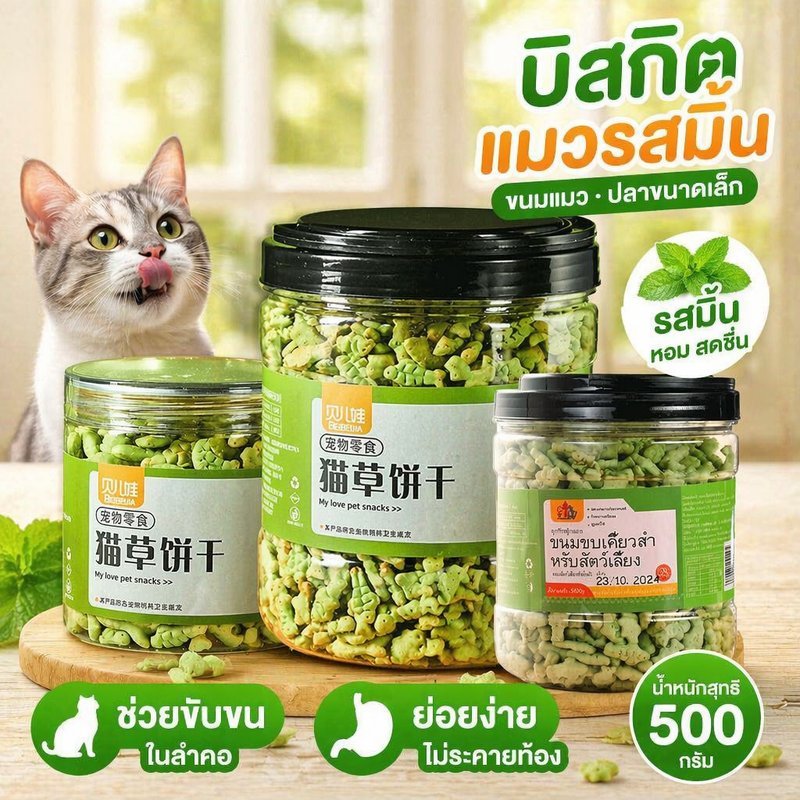 ขนมแมว คุกกี้แมวมิ้นท์ ขับก้อนขน รูปปลาเล็ก อาหารเสริมแมว โปรตีนสูง สำหรับแมวอายุเกิน 3 เดือน 500g