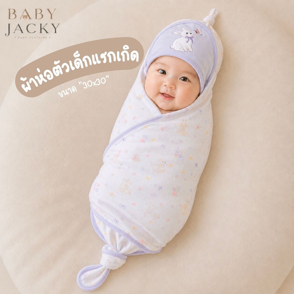 Baby Jacky ผ้าห่อตัวเด็กแรกเกิด ขนาด 30x30 นิ้ว เนื้อผ้านุ่มพิเศษคอตตอน 100% by Mami Baby