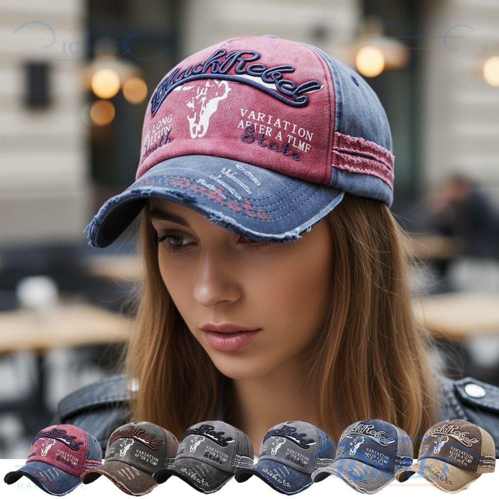 ICRAFT Western Streetwear หมวก,ปรับ Bull Head Skull Letter เย็บปักถักร้อยเบสบอลหมวก, Retro Hip-hop Faded Distressed หมวกสําหรับชายหญิง