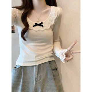 พร้อมส่ง เสื้อแขนยาวผู้หญิง เสื้อยืดเข้ารูป การออกแบบผ้าลูกไม้ปะติด สไตล์หวานน่ารัก ระบาย🌸YOUMI