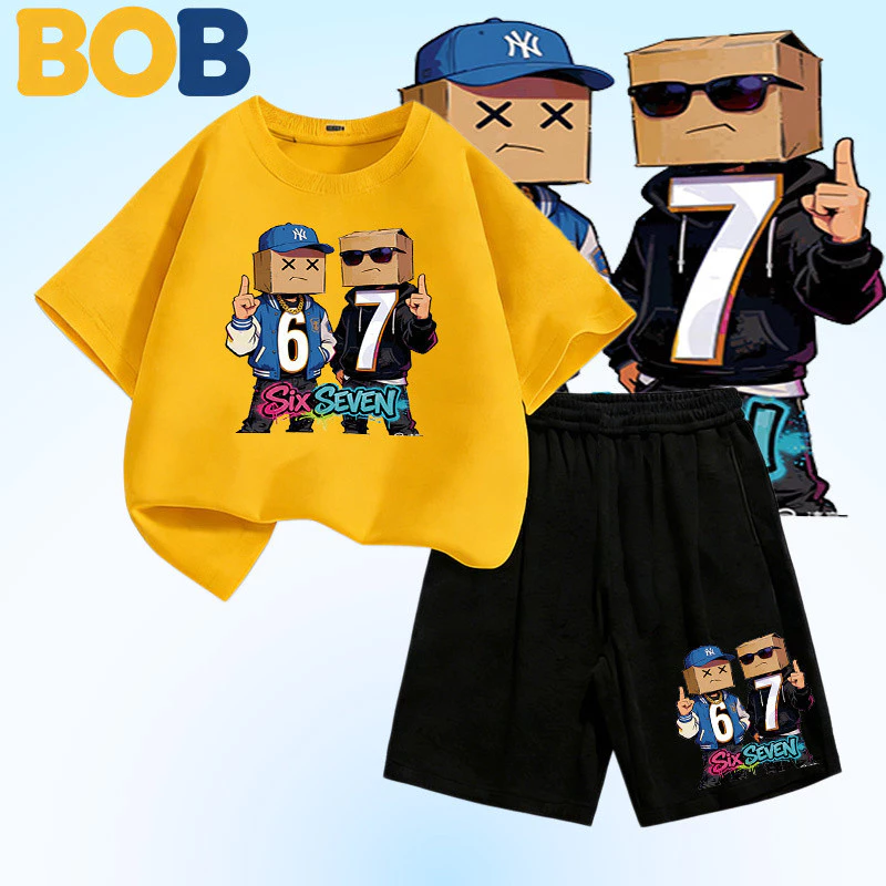BOB [พร้อมส่ง] ชุดเด็กชาย kidsเสื้อยืดเด็ก67ลวดลายพิมพ์ เสื้อยืดเด็ก คอตตอน ชุดสูทเด็กผู้ชาย ชุดลำลอง 2ชิ้น แฟชั่น สำ-5-
