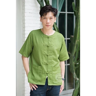 เสื้อพื้นเมืองเสื้อผ้าฝ้ายคอกลมกระดุม5เม็ด