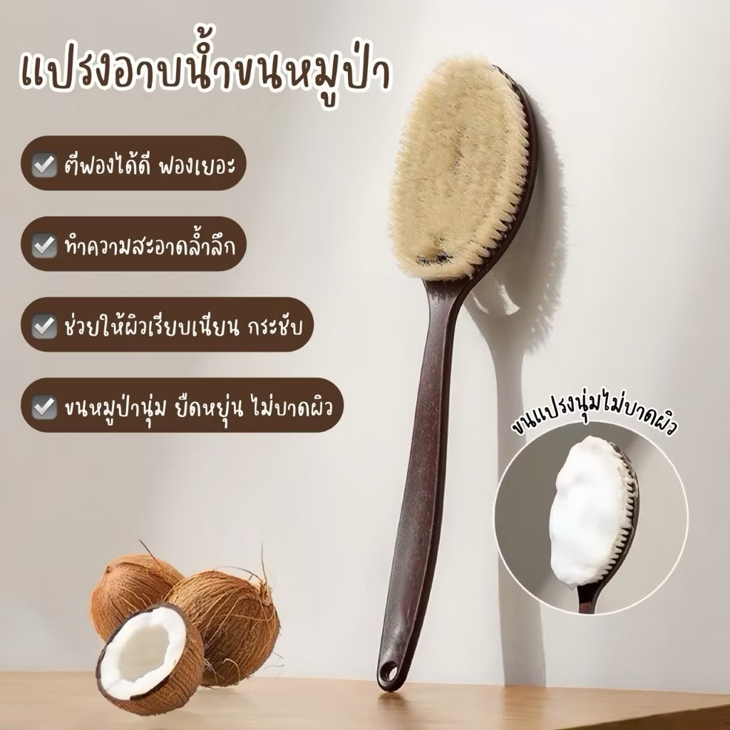 แปรงอาบน้ำพร้อมขนแปรงมะพร้าวและขนหมูป่านยาว ดีไซน์ 2 in 1 แปรงแห้งและเปียก เลียนแบบด้ามยาวโค้งมน ของใช้ในบ้าน แปรงอาบน้ำ