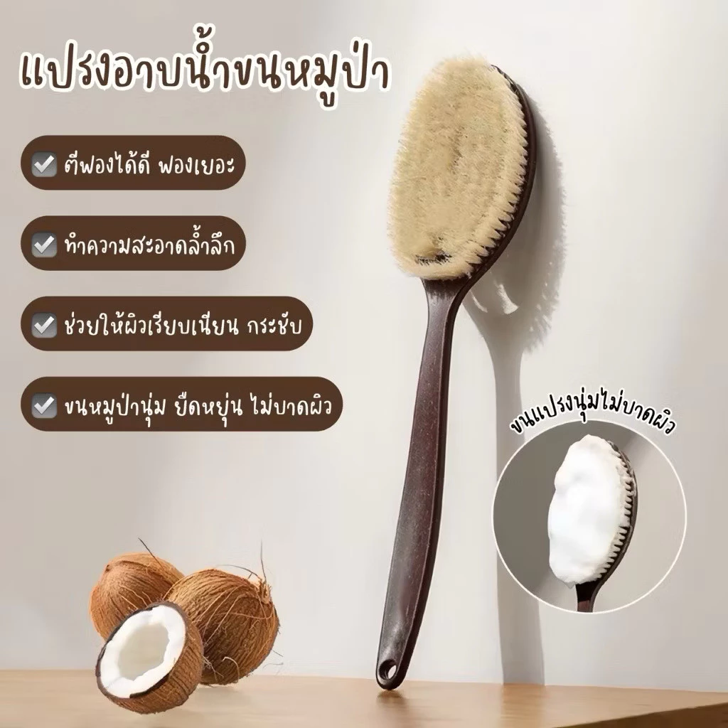 แปรงอาบน้ำพร้อมขนแปรงมะพร้าวและขนหมูป่านยาว ดีไซน์ 2 in 1 แปรงแห้งและเปียก เลียนแบบด้ามยาวโค้งมน ของใช้ในบ้าน แปรงอาบน้ำ