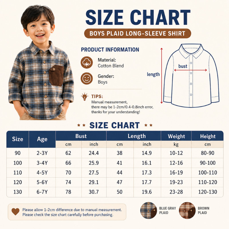🌞【ส่งจากกทม】เสื้อเชิ้ตเด็ก ลายตาราง ฟ้า-น้ำตาล กระเป๋าสีตัด ผ้านุ่ม ใส่ทุกวัน ใส่แอร์ ชายหญิง 2-7ปี รูปที่ 7