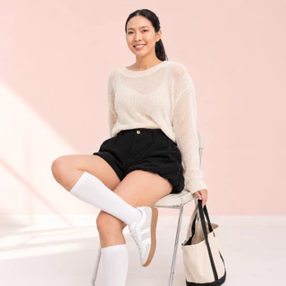 กางเกงขาสั้นผ้าลูกฟูกทรงบอลลูน มีไซส์ S-5XL ทรงฟักทองน่ารักพรางต้นขา เอวสูงตะขอกระดุมหน้า ผ้าหนานุ่มใส่ไปคาเฟ่ชิคๆ