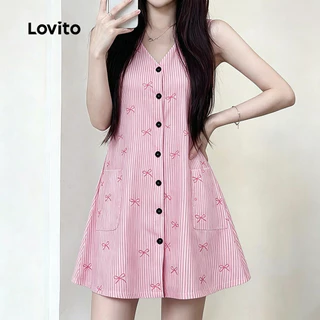 Lovito แคชชวล เดรสผู้หญิงสีฟ้าอ่อน แต่งกระดุมด้านหน้า สไตล์ มีลายเส้น ใส่สบาย เหมาะสําหรับฤดูใบไม้ผลิและฤดูร้อน L178ED1484