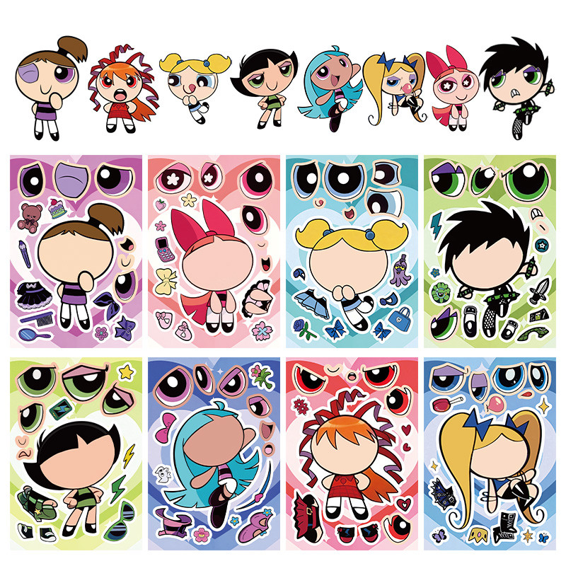 8 ชิ้น/แพ็คการ์ตูนน่ารัก Powerpuff Girls vCharacter เด็กอะนิเมะ Series ปริศนา Interactive DIY สติกเกอร์ใบหน้า