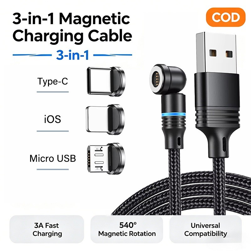 540 สายแม่เหล็กหมุนได้ 3A Fast CHARGING Magnet Type C Micro USB โทรศัพท์ข้อมูลสําหรับ iPhone Xiaomi Oneplus Oppo Realme