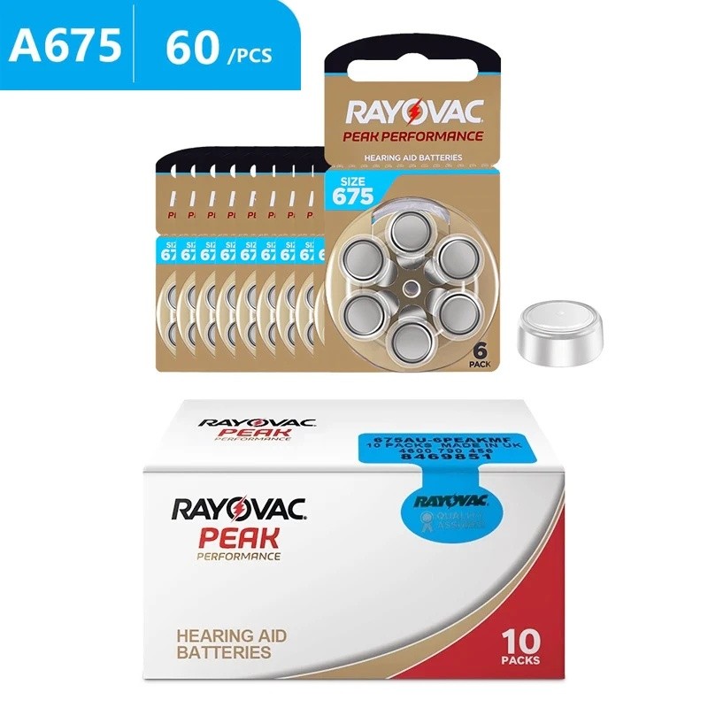 60 ชิ้นเครื่องช่วยฟังแบตเตอรี่ 675 A675 675A ZA675 675a PR44 Rayovac Peak UK Zinc Air ปุ่มหู Aid แบต