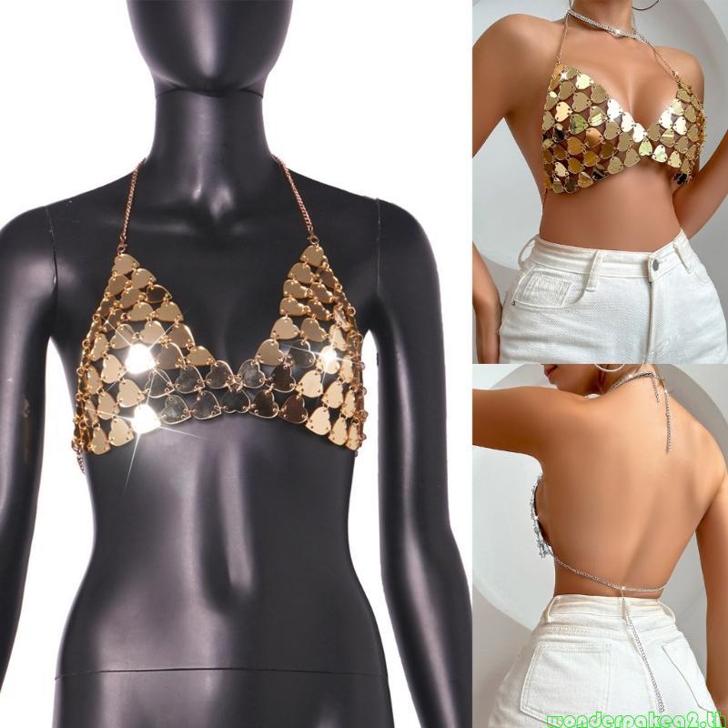 Wonderpakea2 ผู้หญิงSequins Sparkle Glitter Tank Tops Vคอสปาเก็ตตี้Backless Chain Halter Crop Partyเ