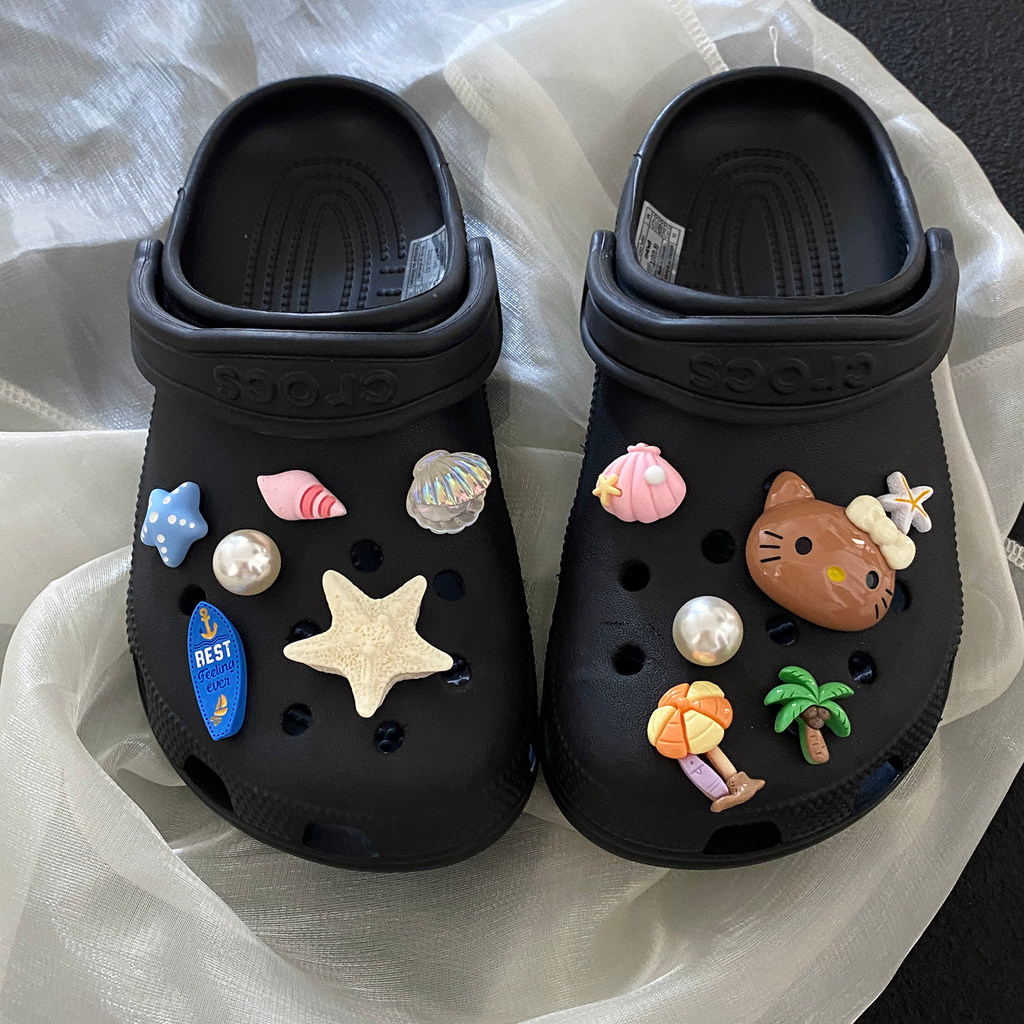 jibbitz croc jibz [ODK Original] Seaside Vacation Black Leather kitty Hole Shoes Shoes Flower Access