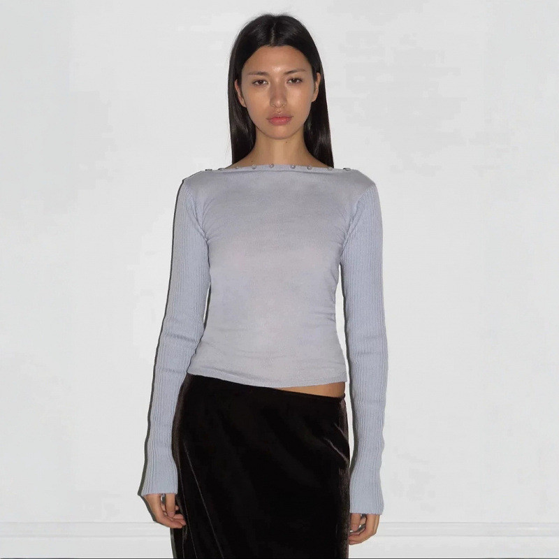 7HLT plama ขนสัตว์สไตล์ใหม่ขนสัตว์ Ribbed คอแบนถักเสื้อแขนยาว