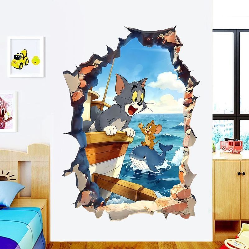 Wallpaper cat and mouse glass wall stickers creative decoration bedroom popular children's cartoon w
