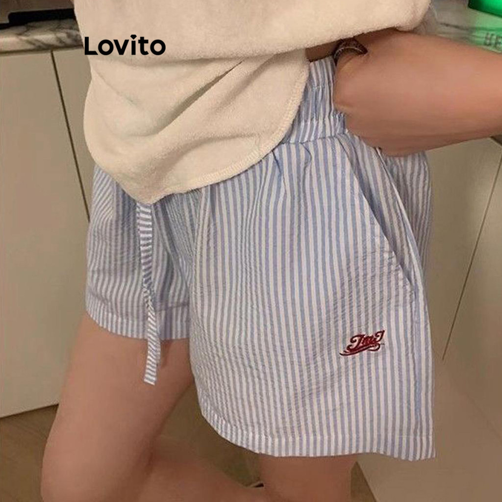 Lovito แคชชวล กางเกงขาสั้นลําลอง ปักลาย สั้น สําหรับผู้หญิง เกาหลี อินเทรนด์ LNA68300