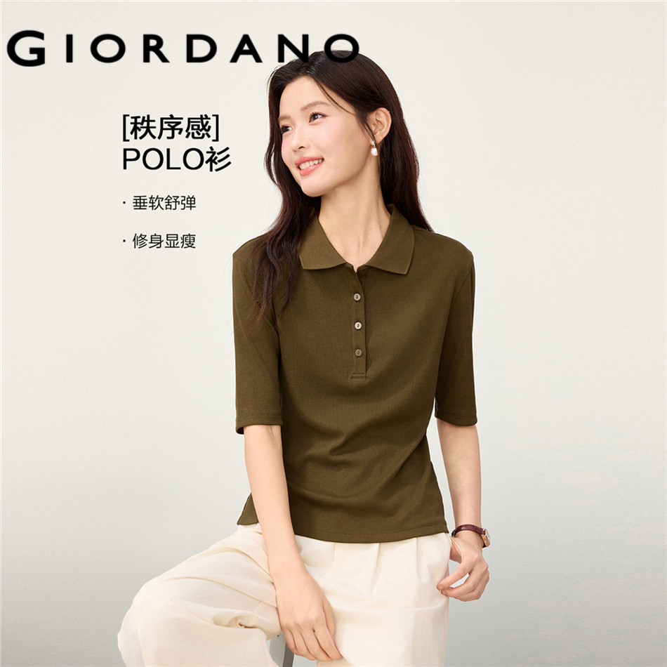 GIORDANO WOMEN Solid color 1/2 sleeve ribbed knit polo shirt 13316601