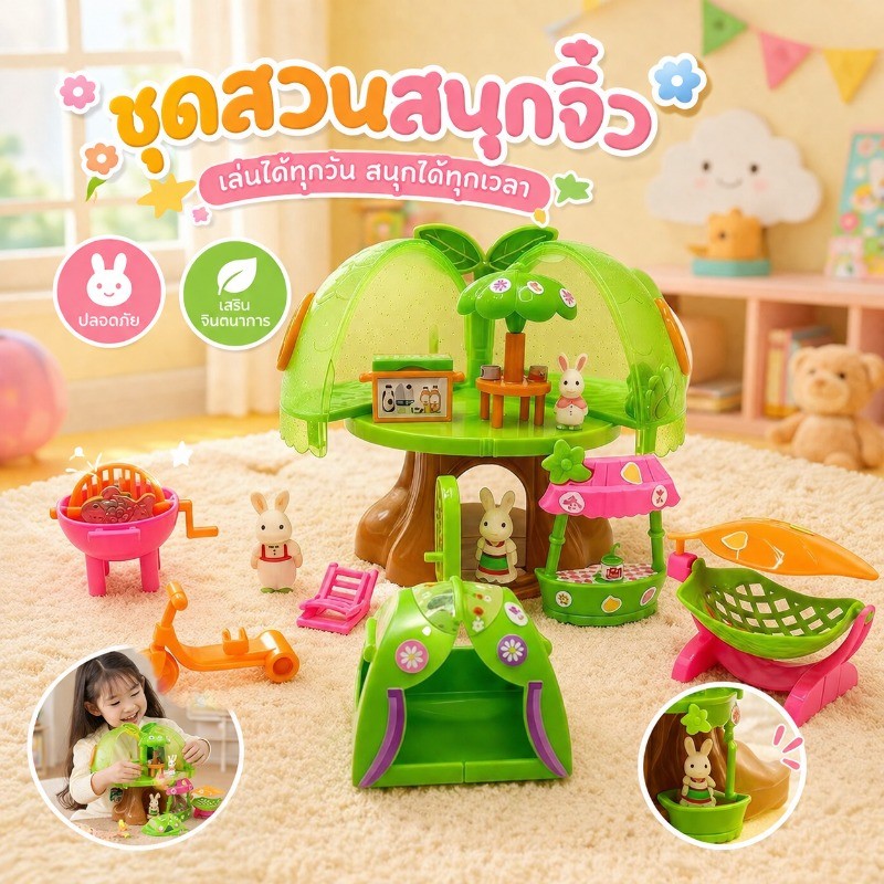 ของเล่นบ้านต้นไม้ 2 ชั้น เปิดปิดได้ ชุดบ้านตุ๊กตา เฟอร์นิเจอร์ครบเซต ตุ๊กตากระต่าย พลาสติกปลอดภัย