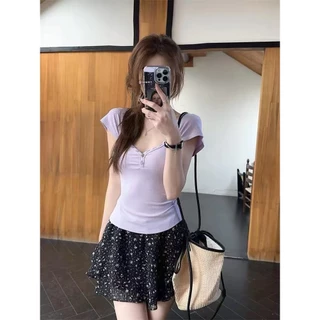 พร้อมส่ง แขนสั้นรั ดรูปเซกซี่ เสื้อน่ารักผู้หญิง เสื้อรัดรูป สีพื้น 4สี ผ้ายืดรูปทรงสวย สไตล์เกาหลี Lalita
