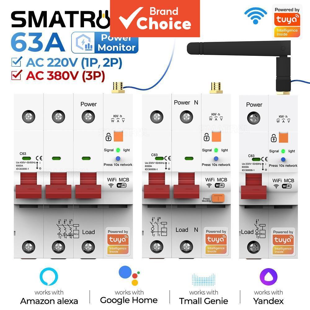 เซอร์กิตเบรกเกอร์ Smatrul WiFi Smart Breaker 63A สําหรับ Tuya Short Circuit Protection Ac110-450V