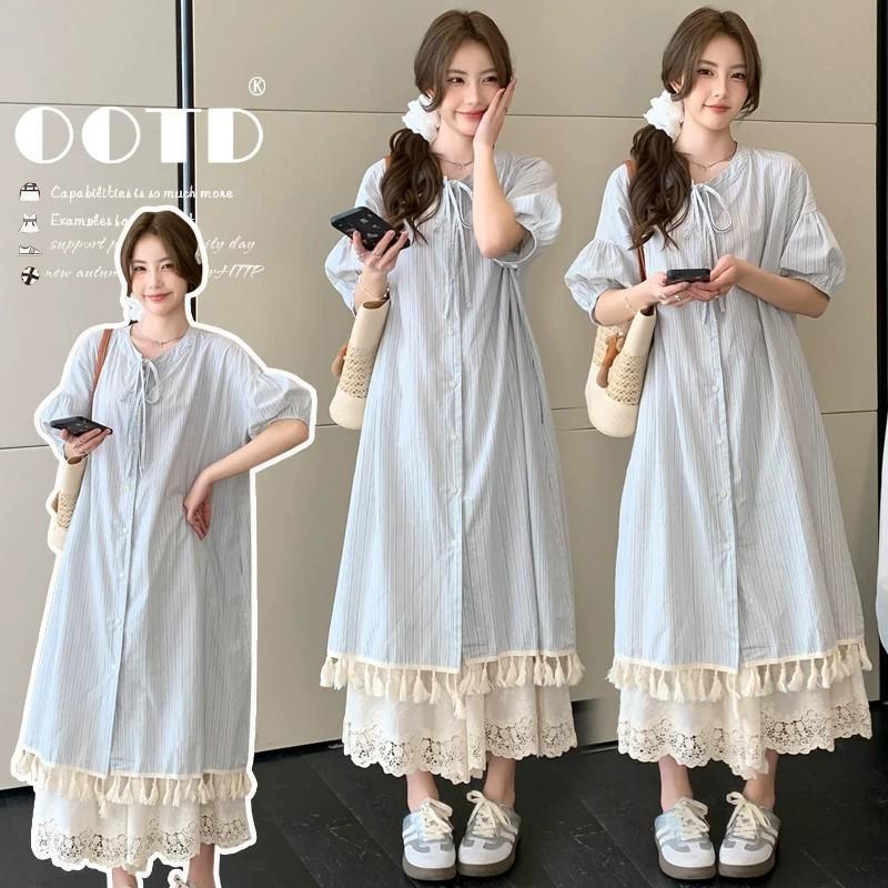 99562เสื้อคลุมยาวลายทางสีฟ้า ตกแต่งปลายพู่ + กางเกงขากว้างลูกไม้สีขาว ชุดเซต 2 ชิ้นสำหรับผู้หญิง สามารถสวมเป็นชุดเดรสได้
