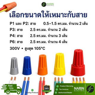 (20 ชิ้น) วายนัท Wire Nut ขั้วต่อสายไฟแบบหมุน 300V 105°C รุ่น P1 P2 P3 P4 P6 Narin Electric